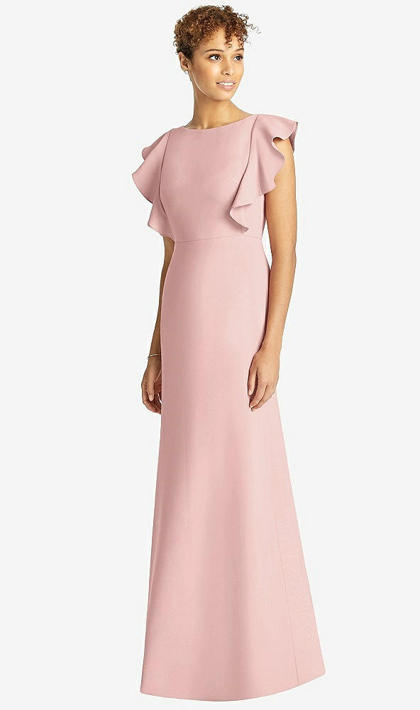 Front View - Rose - PANTONE Rose Quartz Ruffle Cap Sleeve Open-back Trumpet Gown