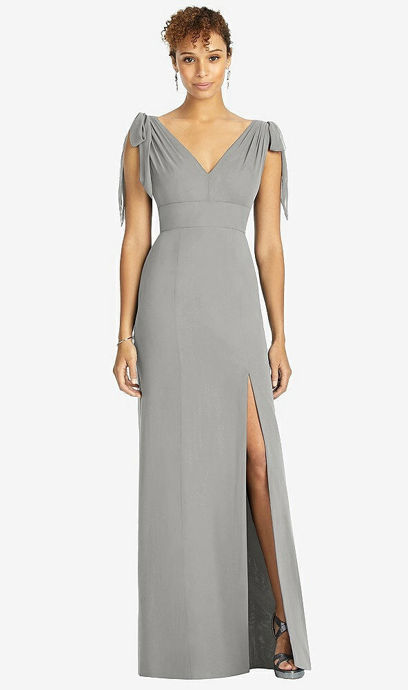 Front View - Chelsea Gray Bow-Shoulder Sleeveless Deep V-Back Mermaid Dress