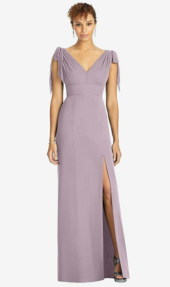 Front View - Lilac Dusk Bow-Shoulder Sleeveless Deep V-Back Mermaid Dress