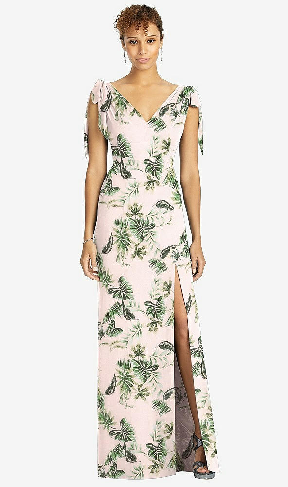 Front View - Palm Beach Print Bow-Shoulder Sleeveless Deep V-Back Mermaid Dress