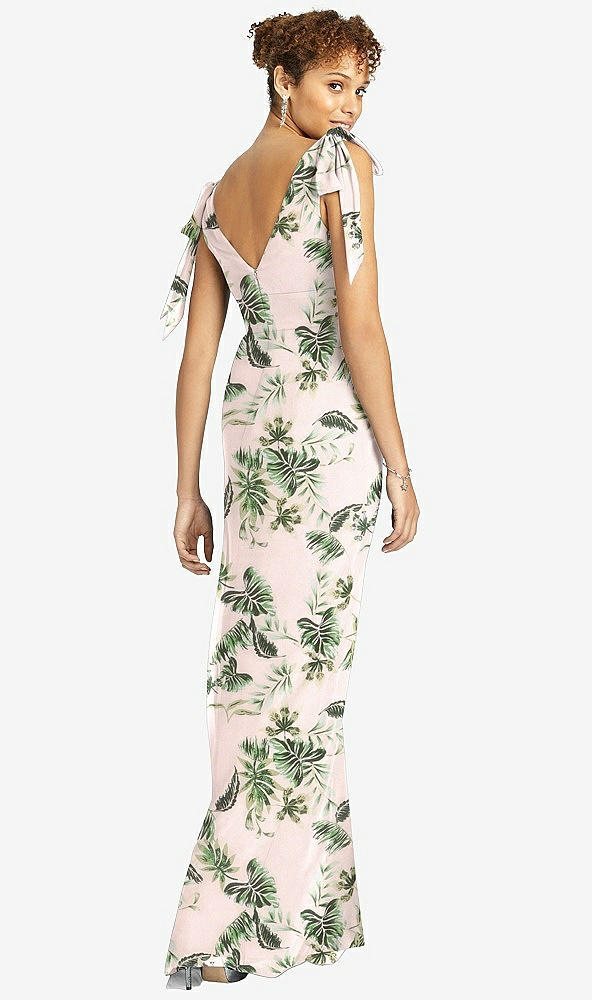 Back View - Palm Beach Print Bow-Shoulder Sleeveless Deep V-Back Mermaid Dress