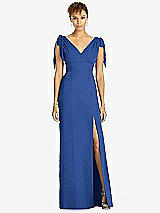 Front View Thumbnail - Classic Blue Bow-Shoulder Sleeveless Deep V-Back Mermaid Dress