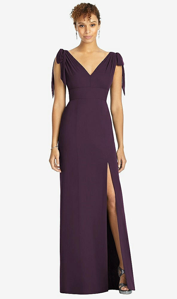 Front View - Aubergine Bow-Shoulder Sleeveless Deep V-Back Mermaid Dress