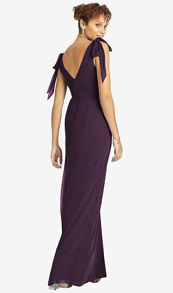 Back View - Aubergine Bow-Shoulder Sleeveless Deep V-Back Mermaid Dress