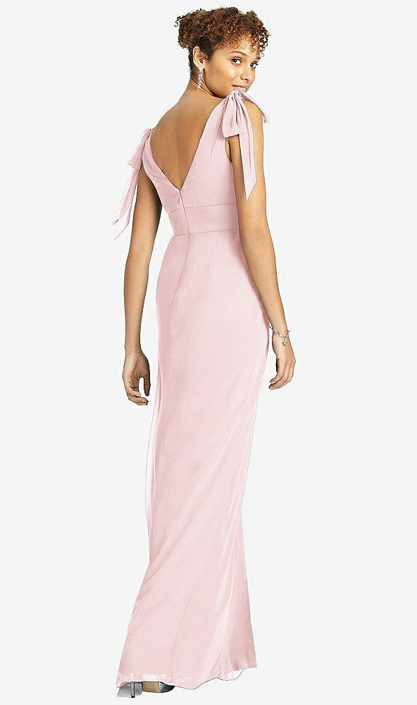 Back View - Ballet Pink Bow-Shoulder Sleeveless Deep V-Back Mermaid Dress