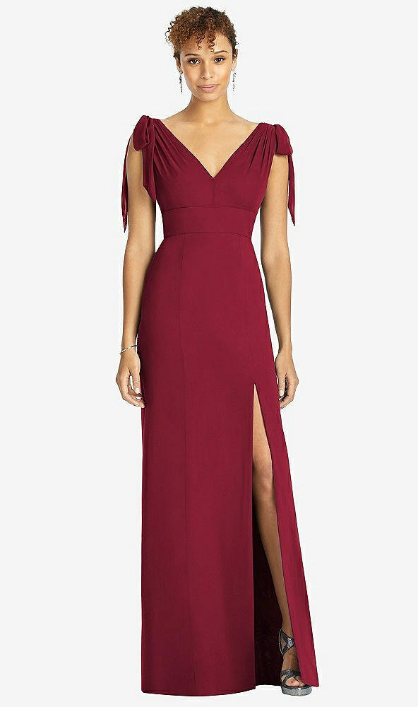 Front View - Burgundy Bow-Shoulder Sleeveless Deep V-Back Mermaid Dress