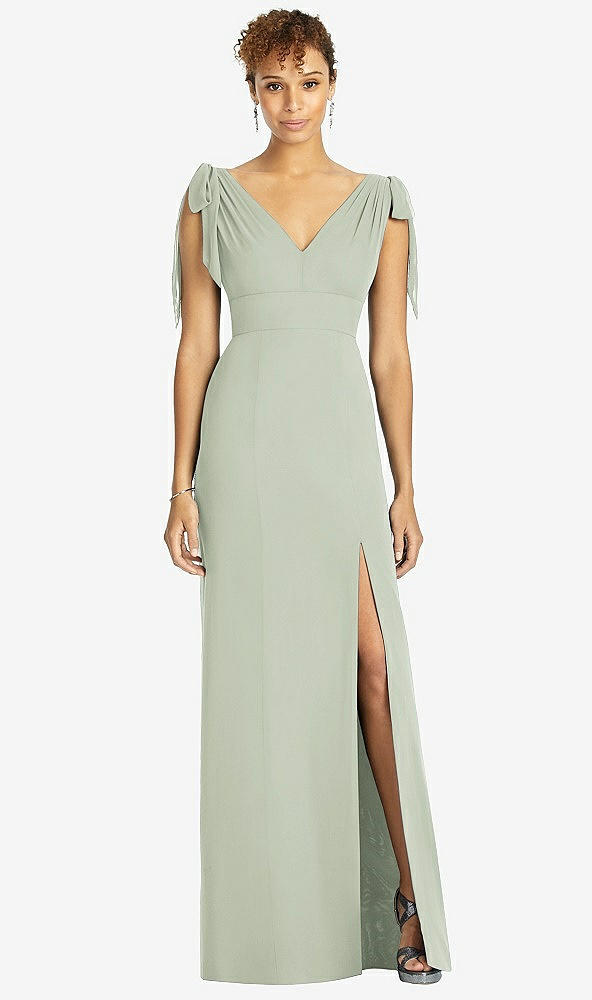 Front View - Celadon Bow-Shoulder Sleeveless Deep V-Back Mermaid Dress