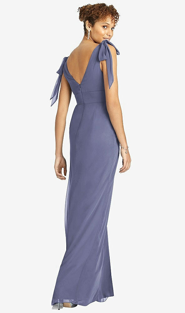 Back View - French Blue Bow-Shoulder Sleeveless Deep V-Back Mermaid Dress