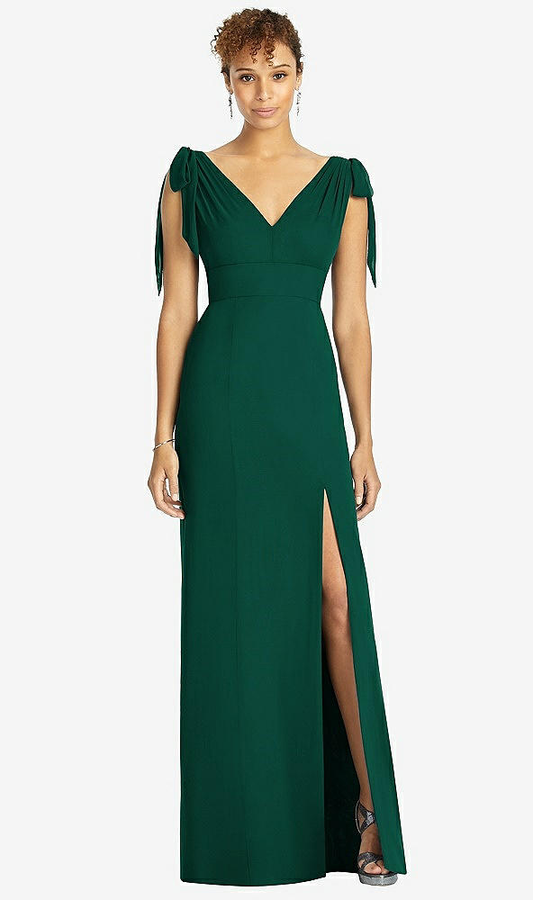 Front View - Hunter Green Bow-Shoulder Sleeveless Deep V-Back Mermaid Dress