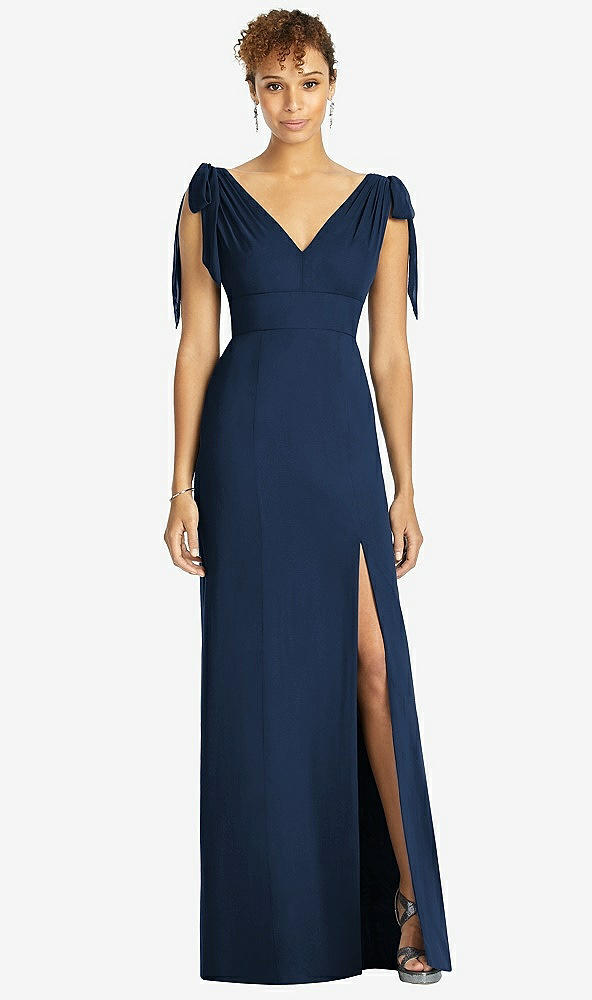 Front View - Midnight Navy Bow-Shoulder Sleeveless Deep V-Back Mermaid Dress