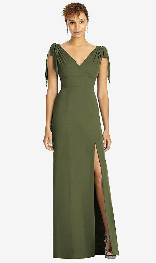 Front View - Olive Green Bow-Shoulder Sleeveless Deep V-Back Mermaid Dress