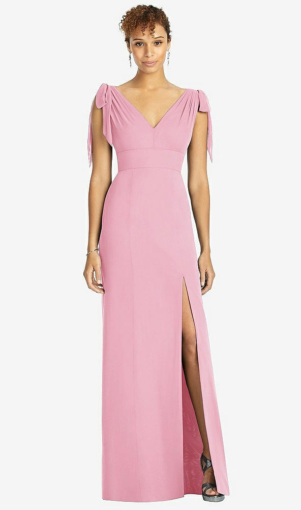 Front View - Peony Pink Bow-Shoulder Sleeveless Deep V-Back Mermaid Dress