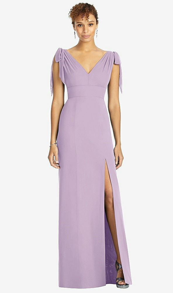 Front View - Pale Purple Bow-Shoulder Sleeveless Deep V-Back Mermaid Dress