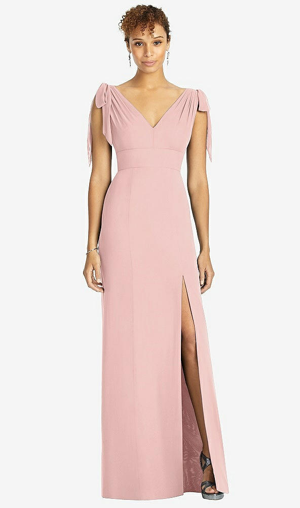 Front View - Rose - PANTONE Rose Quartz Bow-Shoulder Sleeveless Deep V-Back Mermaid Dress