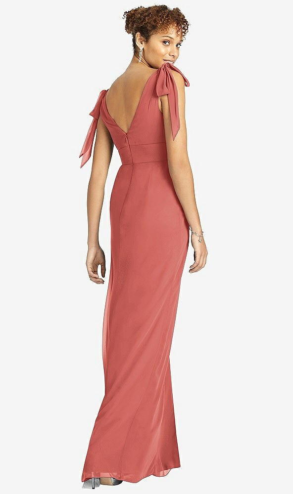 Back View - Coral Pink Bow-Shoulder Sleeveless Deep V-Back Mermaid Dress