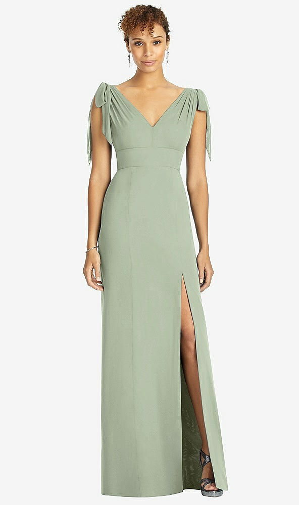 Front View - Sage Bow-Shoulder Sleeveless Deep V-Back Mermaid Dress