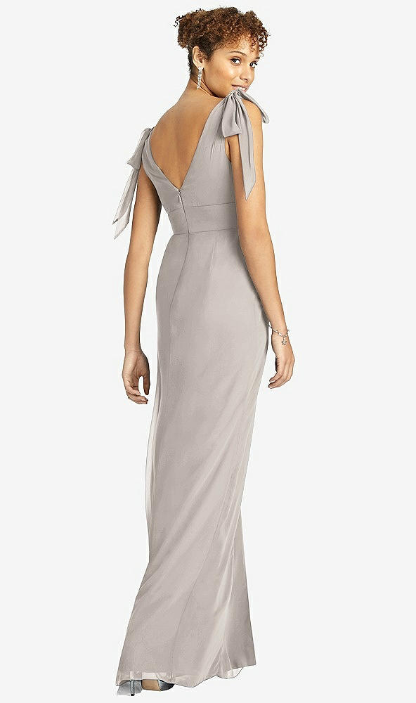 Back View - Taupe Bow-Shoulder Sleeveless Deep V-Back Mermaid Dress