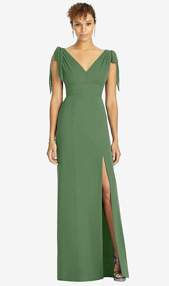 Front View - Vineyard Green Bow-Shoulder Sleeveless Deep V-Back Mermaid Dress