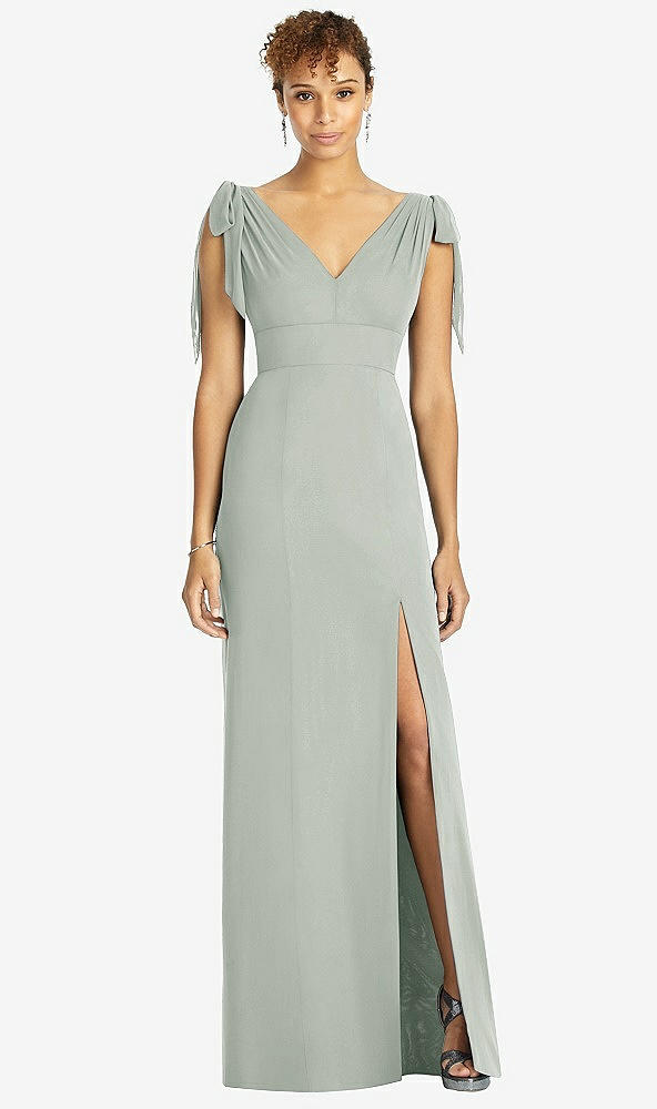 Front View - Willow Green Bow-Shoulder Sleeveless Deep V-Back Mermaid Dress