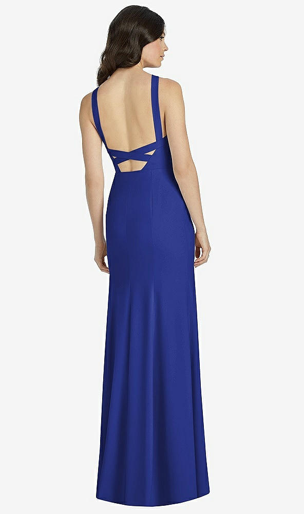 Back View - Cobalt Blue High-Neck Backless Crepe Trumpet Gown