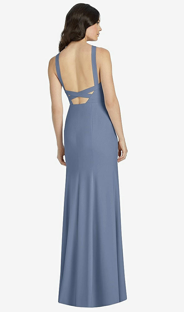 Back View - Larkspur Blue High-Neck Backless Crepe Trumpet Gown