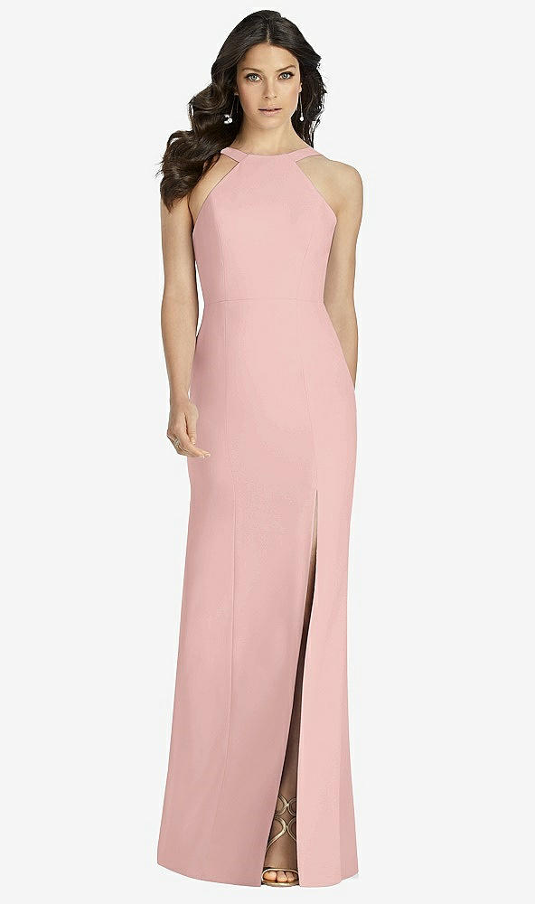 Front View - Rose - PANTONE Rose Quartz High-Neck Backless Crepe Trumpet Gown