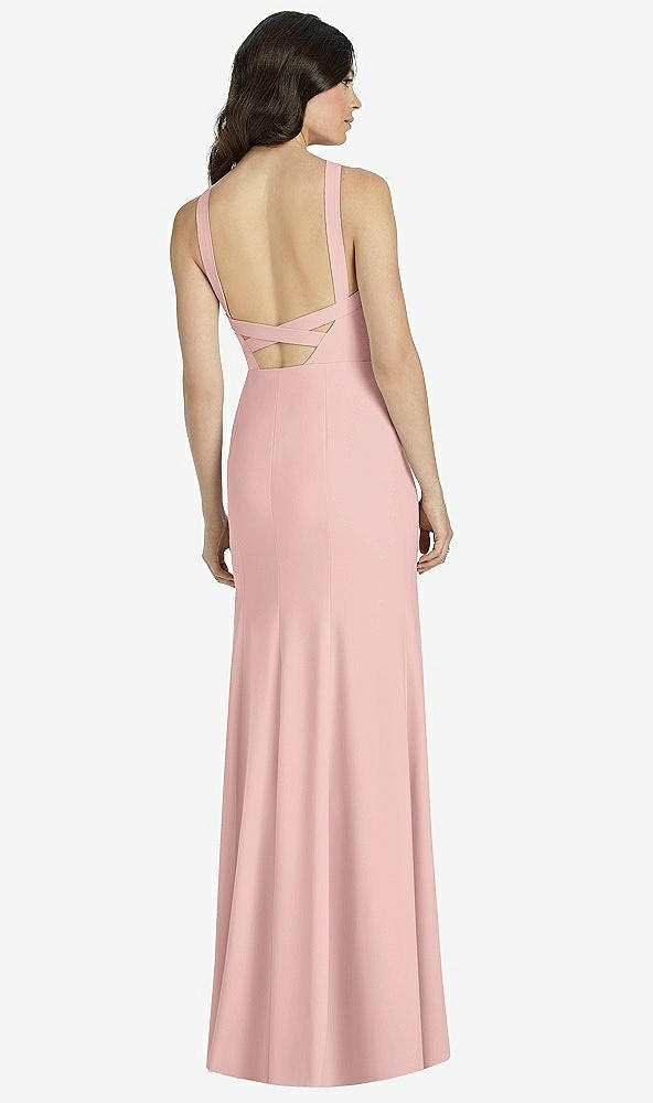 Back View - Rose - PANTONE Rose Quartz High-Neck Backless Crepe Trumpet Gown