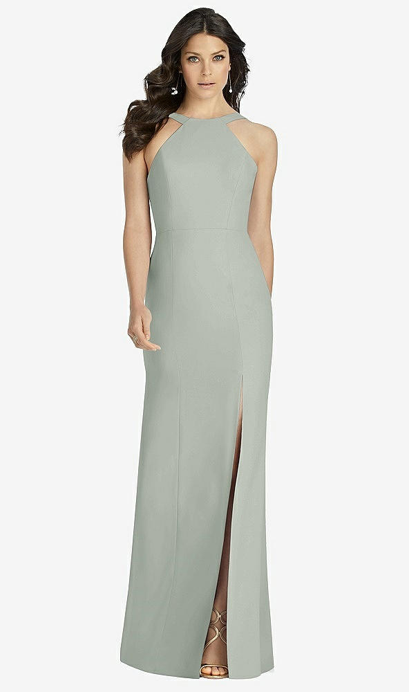 Front View - Willow Green High-Neck Backless Crepe Trumpet Gown