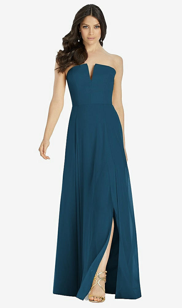 Front View - Atlantic Blue Strapless Notch Chiffon Maxi Dress