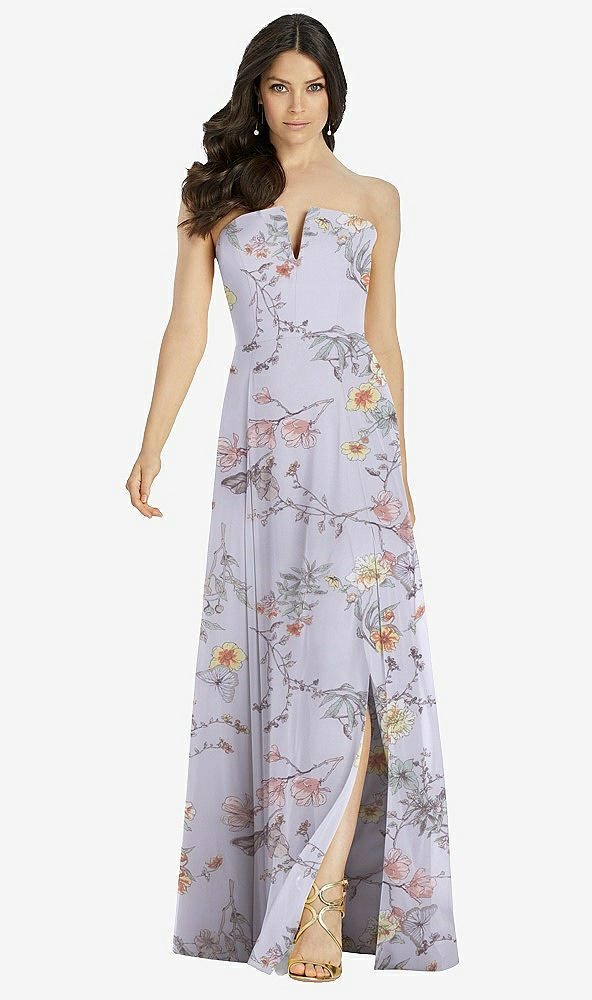 Front View - Butterfly Botanica Silver Dove Strapless Notch Chiffon Maxi Dress