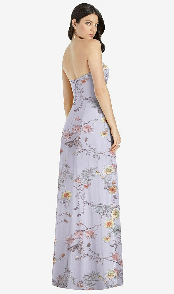 Back View - Butterfly Botanica Silver Dove Strapless Notch Chiffon Maxi Dress