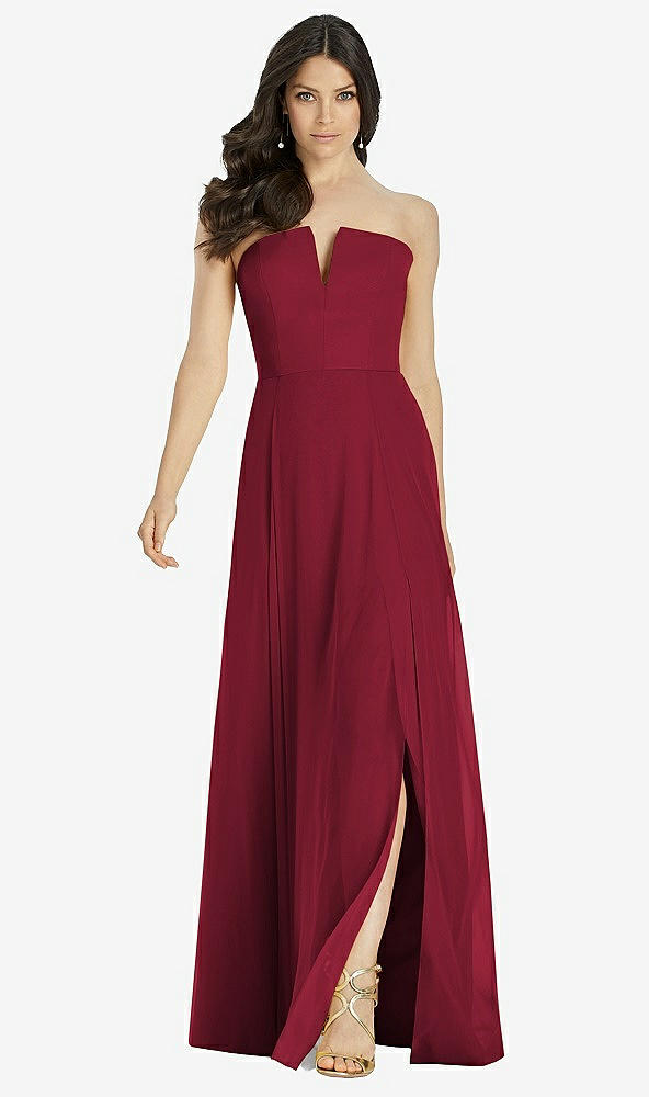 Front View - Burgundy Strapless Notch Chiffon Maxi Dress