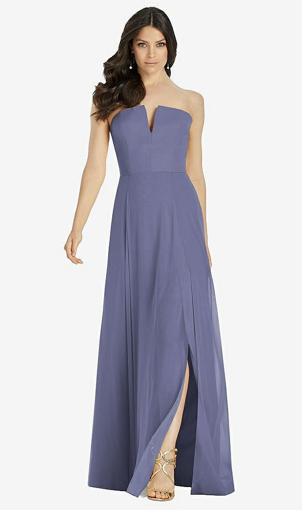 Front View - French Blue Strapless Notch Chiffon Maxi Dress