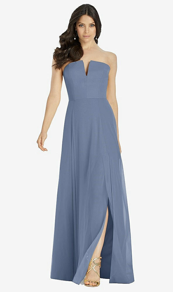 Front View - Larkspur Blue Strapless Notch Chiffon Maxi Dress