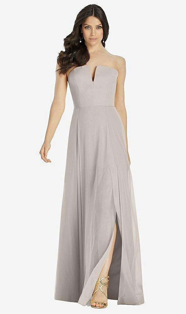 Front View - Taupe Strapless Notch Chiffon Maxi Dress