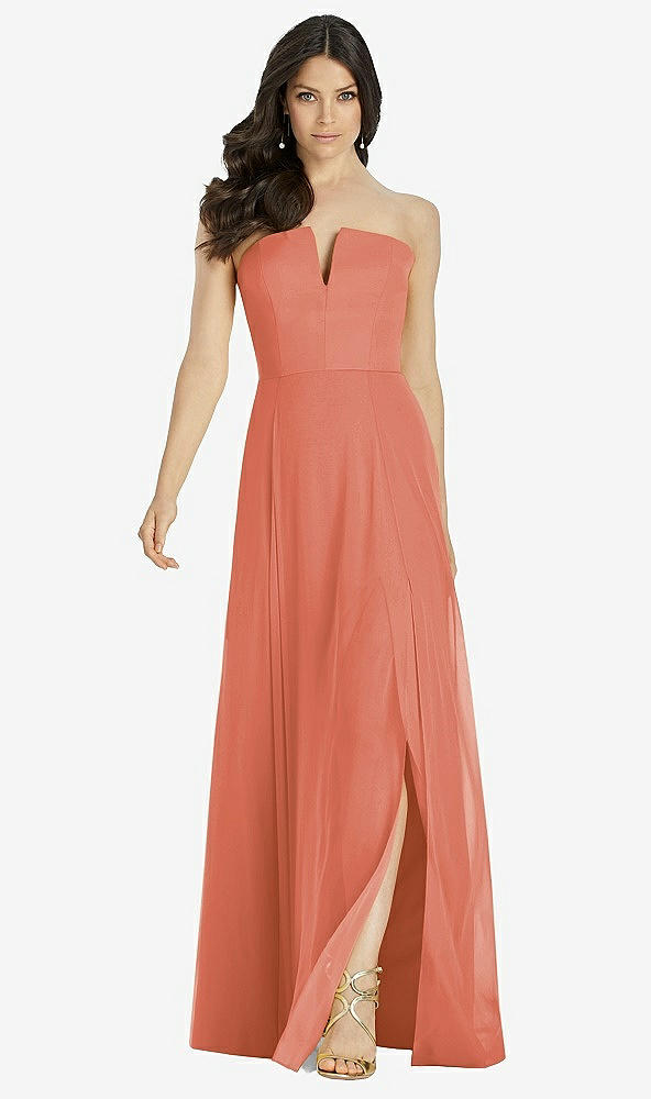 Front View - Terracotta Copper Strapless Notch Chiffon Maxi Dress