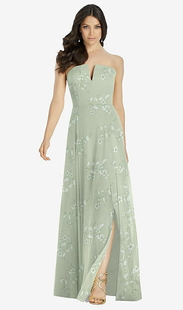 Front View - Vintage Primrose Sage Strapless Notch Chiffon Maxi Dress