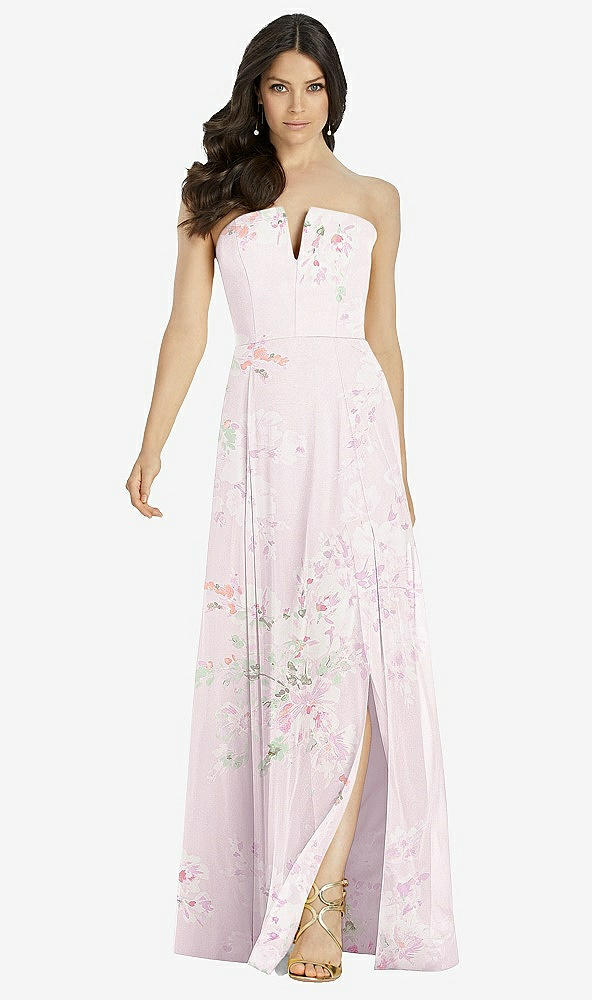 Front View - Watercolor Print Strapless Notch Chiffon Maxi Dress