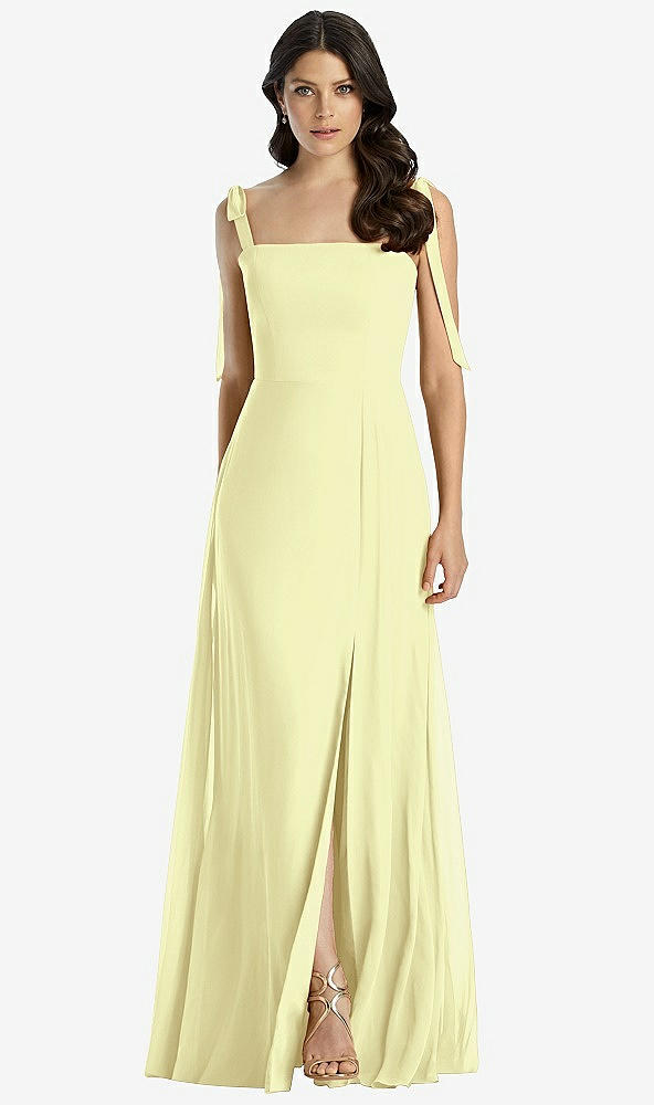 Front View - Butter Yellow Tie-Shoulder Chiffon Maxi Dress with Front Slit