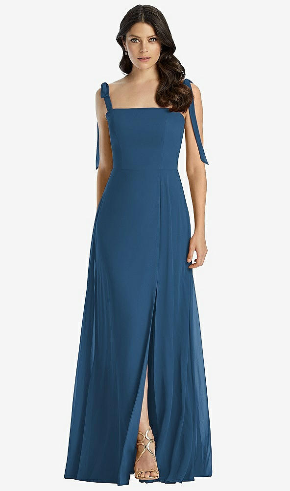 Front View - Dusk Blue Tie-Shoulder Chiffon Maxi Dress with Front Slit