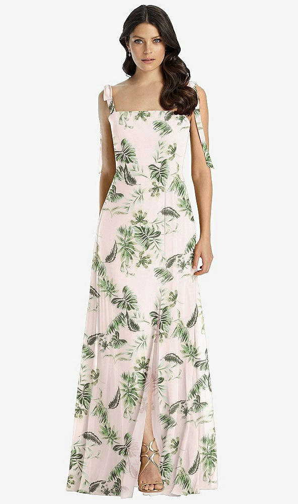 Front View - Palm Beach Print Tie-Shoulder Chiffon Maxi Dress with Front Slit