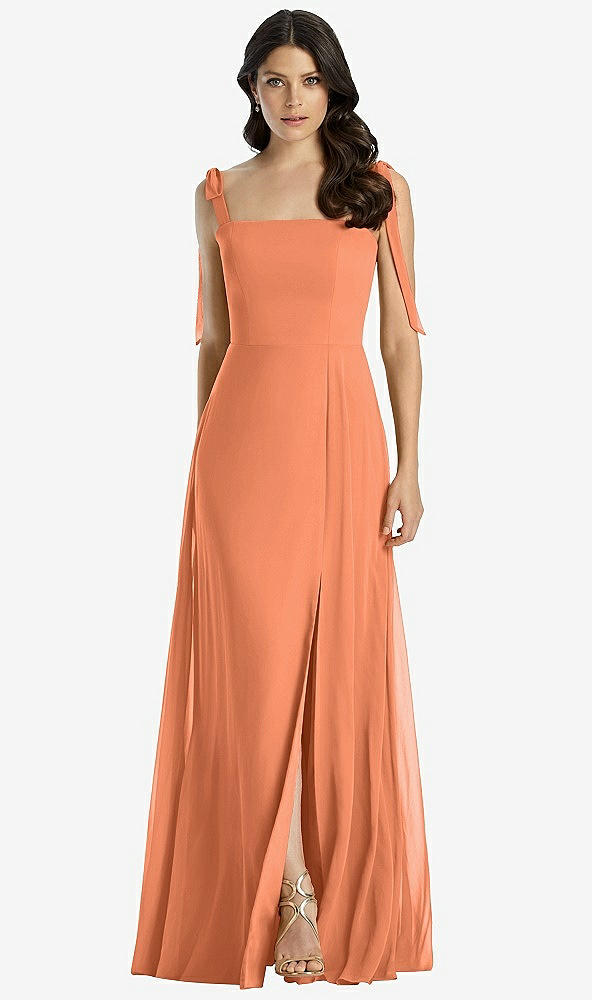 Front View - Sweet Melon Tie-Shoulder Chiffon Maxi Dress with Front Slit