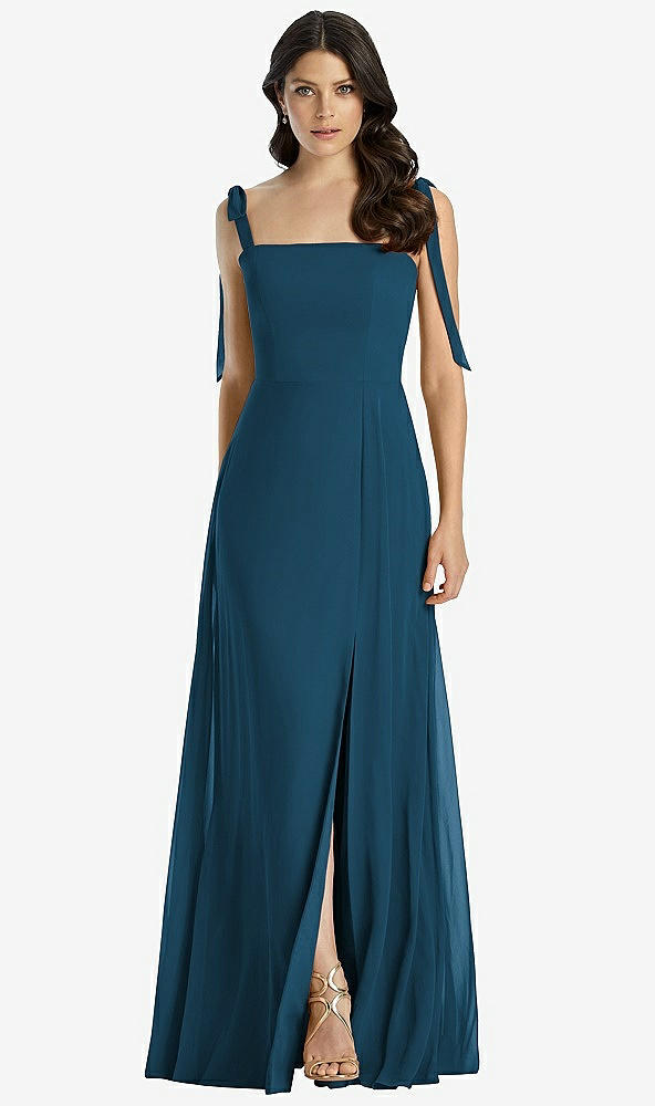 Front View - Atlantic Blue Tie-Shoulder Chiffon Maxi Dress with Front Slit