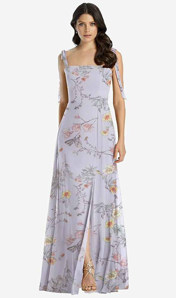 Front View - Butterfly Botanica Silver Dove Tie-Shoulder Chiffon Maxi Dress with Front Slit