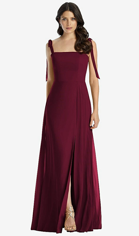 Front View - Cabernet Tie-Shoulder Chiffon Maxi Dress with Front Slit