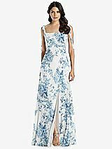 Front View Thumbnail - Cottage Rose Dusk Blue Tie-Shoulder Chiffon Maxi Dress with Front Slit