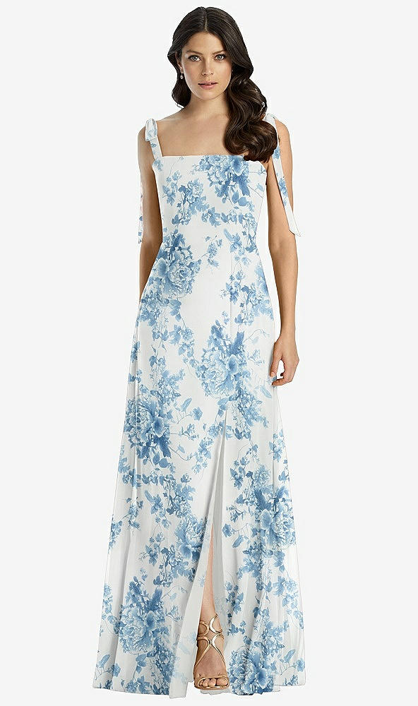 Front View - Cottage Rose Dusk Blue Tie-Shoulder Chiffon Maxi Dress with Front Slit