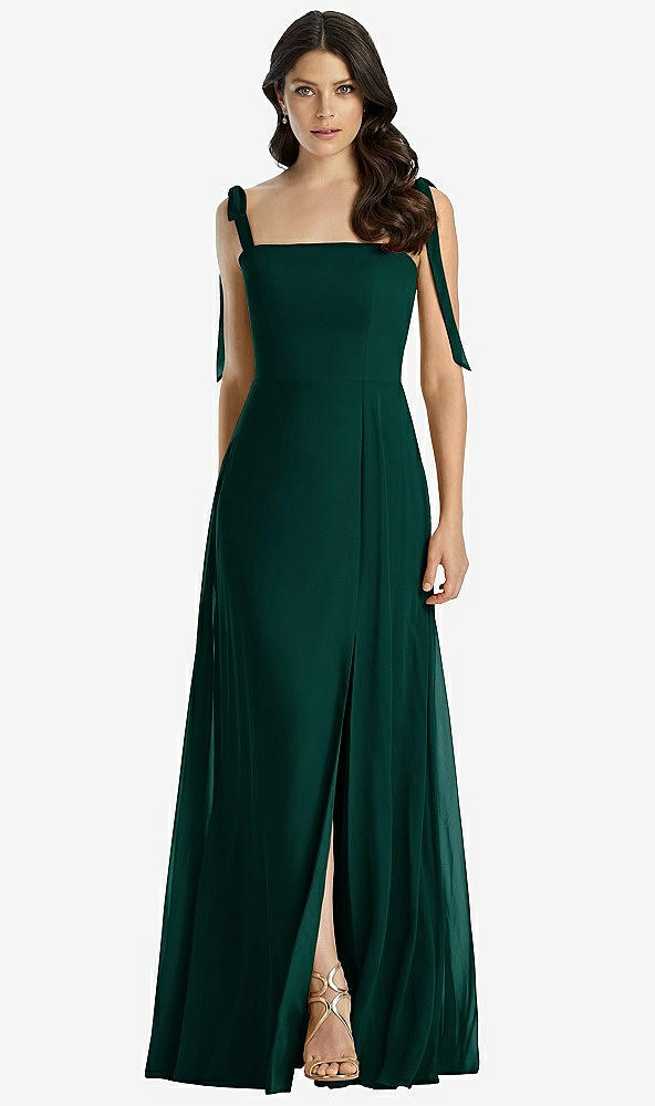 Front View - Evergreen Tie-Shoulder Chiffon Maxi Dress with Front Slit