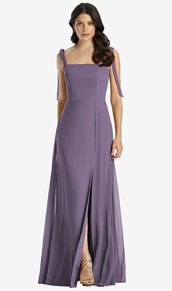 Front View - Lavender Tie-Shoulder Chiffon Maxi Dress with Front Slit