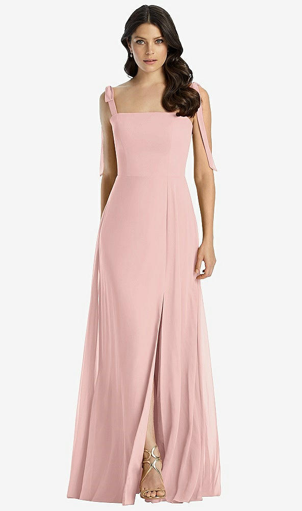 Front View - Rose - PANTONE Rose Quartz Tie-Shoulder Chiffon Maxi Dress with Front Slit